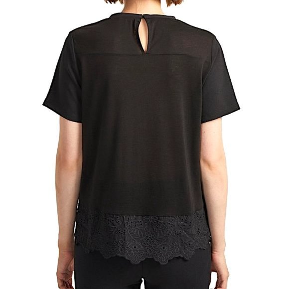 New French Connection Embroidered Eyelet Hem Short Sleeve Tee Black Size XS - Picture 2 of 16
